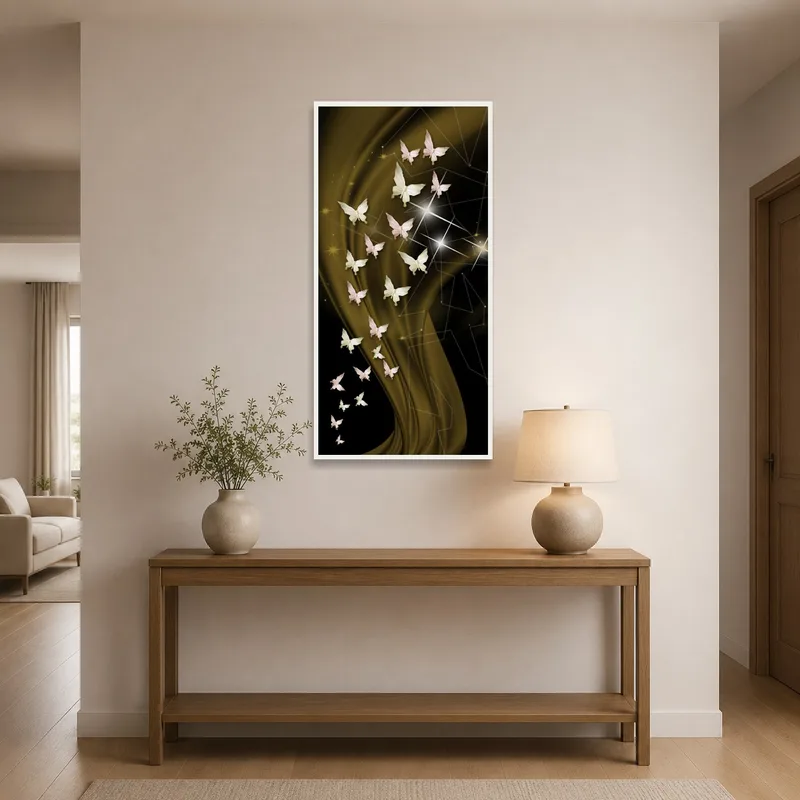 Butterfly art brightens the entrance hall, creating a welcoming first impression.