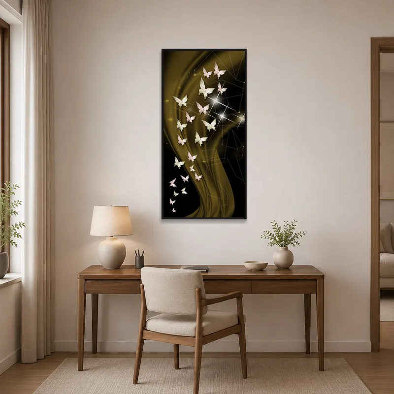 Home office with butterfly artwork providing inspiration and elegance.