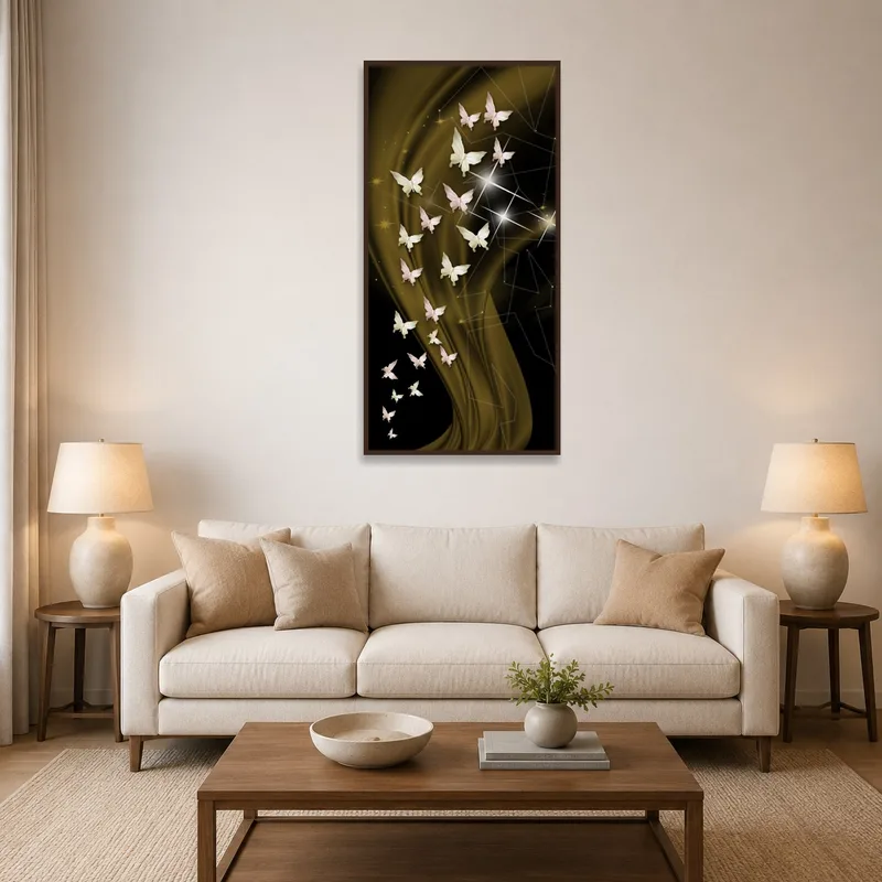 Colorful butterflies on golden waves in a living room setting with modern furniture.