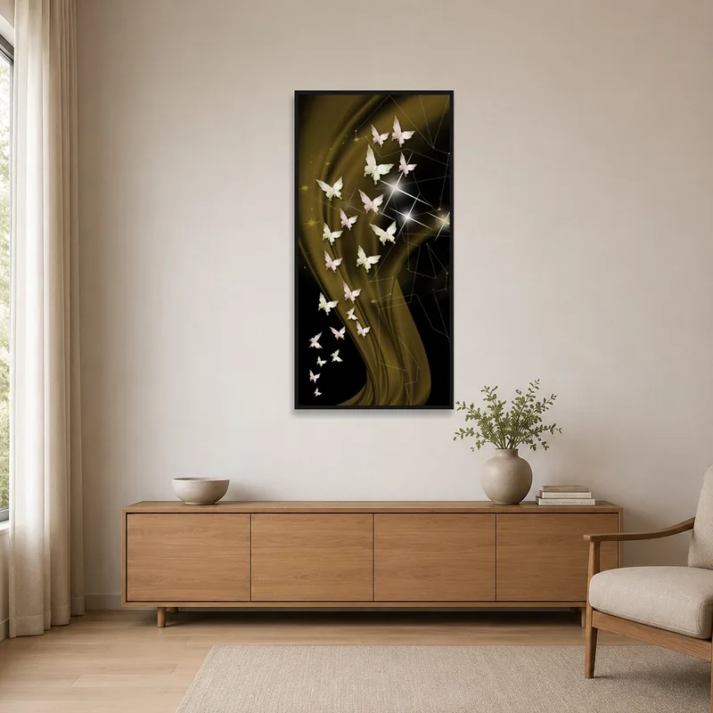 Sleek minimalist room with a vibrant butterfly artwork adding color to neutral tones.