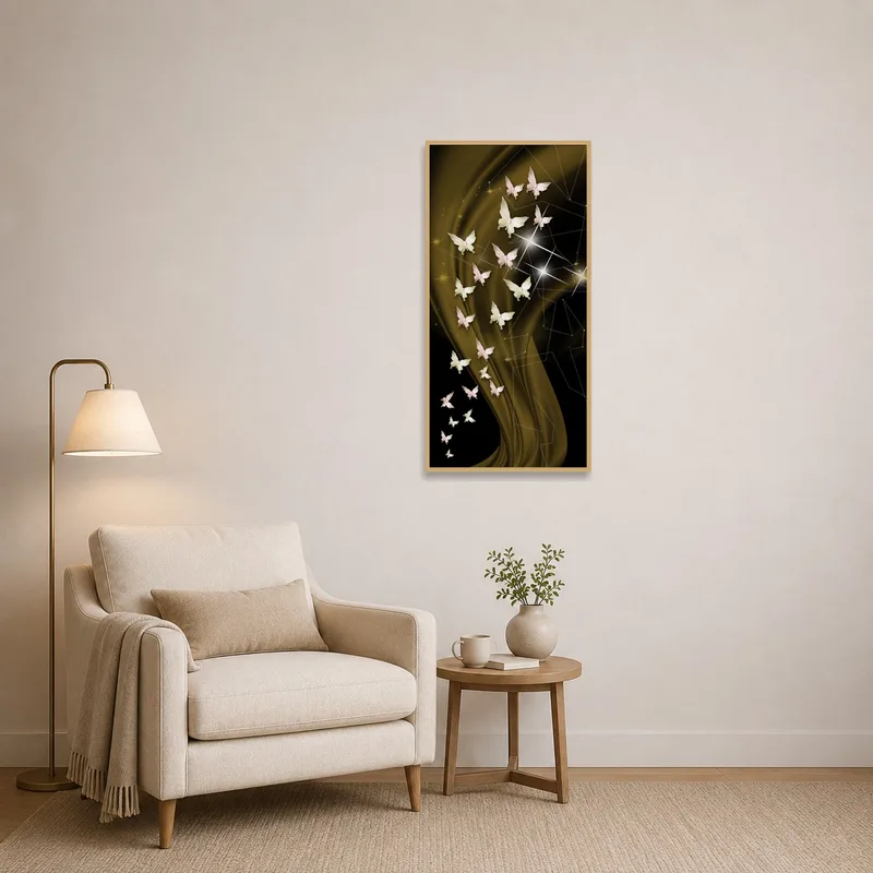 A reading corner is enhanced by mesmerizing butterflies with golden accents.