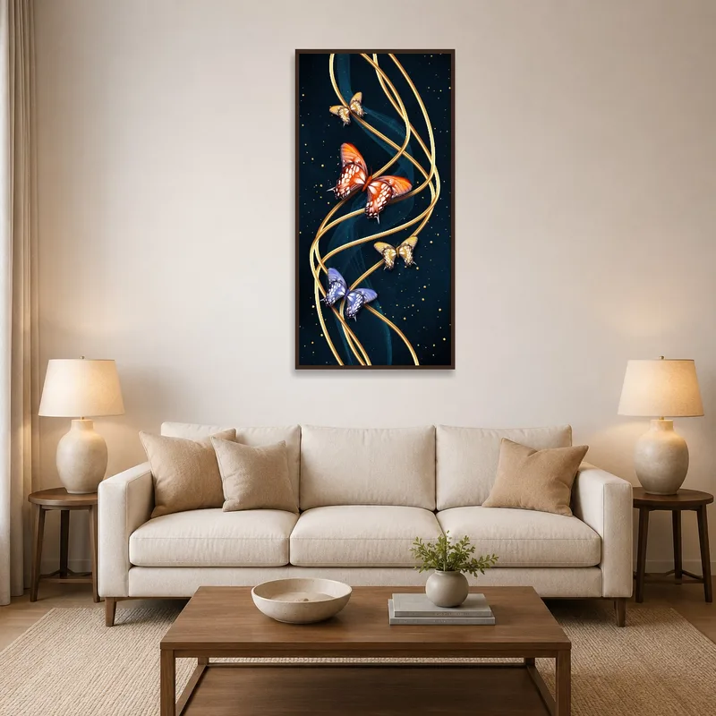 The artwork displays in a cozy living room above a plush sofa.