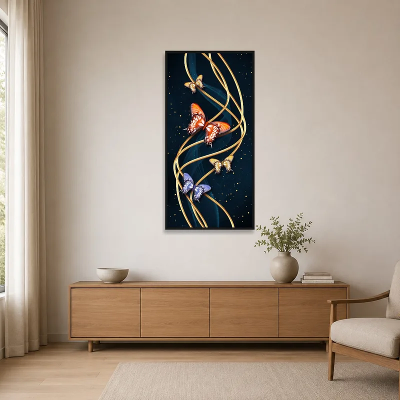 A sleek minimalist room showcasing the vivid butterflies piece.