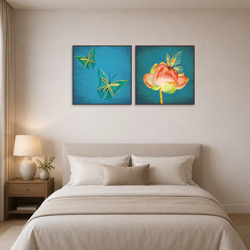 Pretty butterfly and blossom canvas set adds charm above a peaceful bedroom headboard.