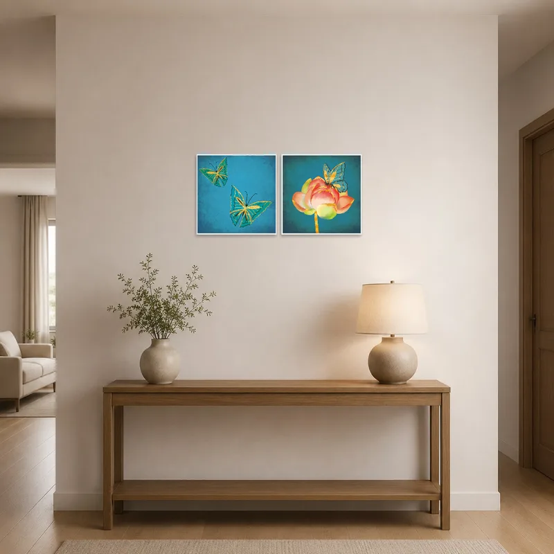 Teal canvas with butterflies greets visitors in a bright entrance hall.