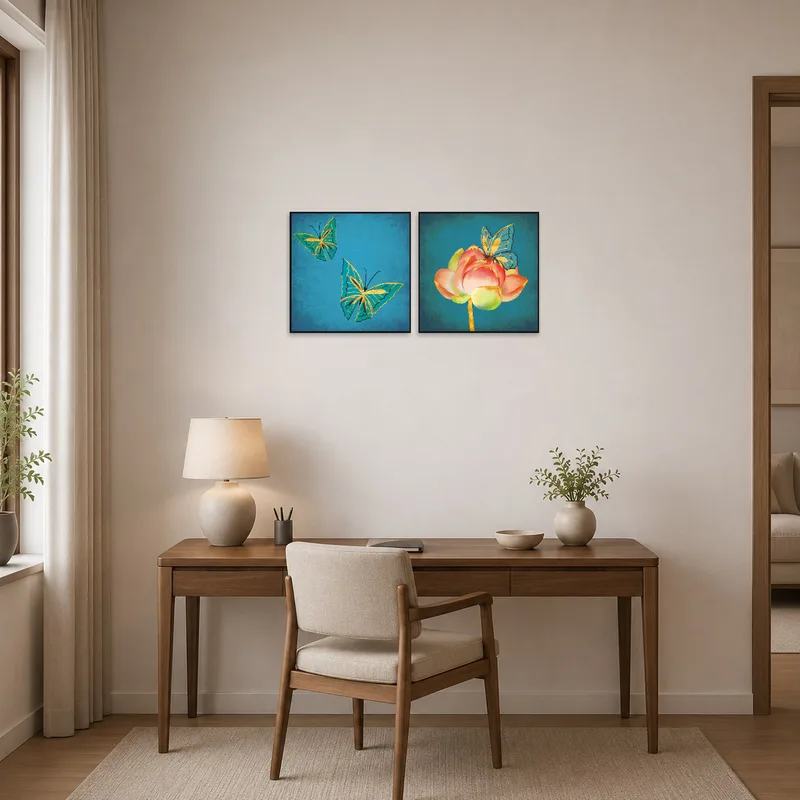 Teal canvas with butterfly and blossoms inspires creativity in a tidy home office.