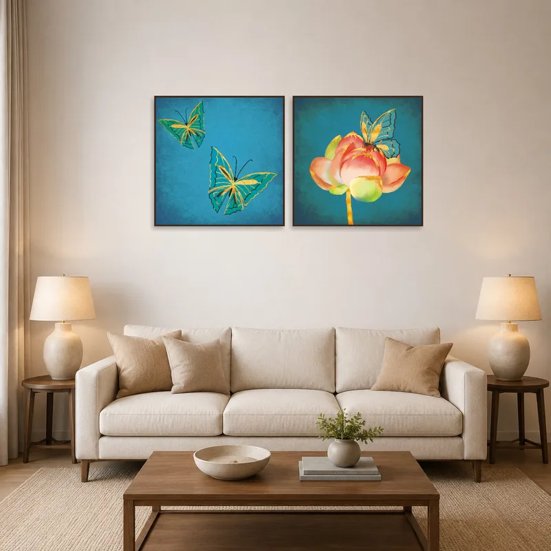 A colorful butterfly and blossom set on teal canvas displayed above a modern living room sofa.