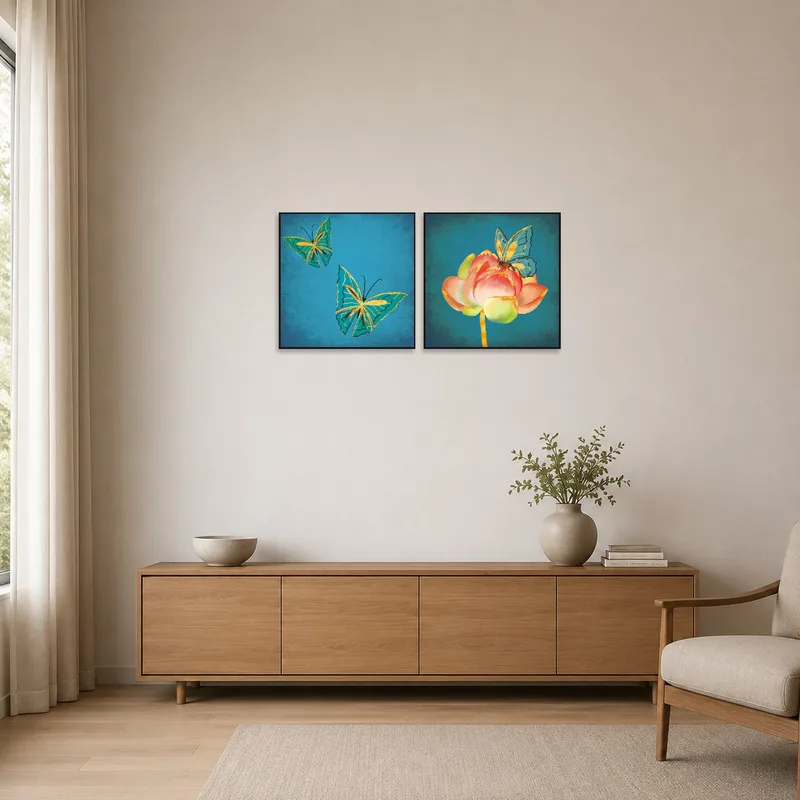 Butterfly and blossoms on teal canvas add a subtle pop to a minimalist white wall.