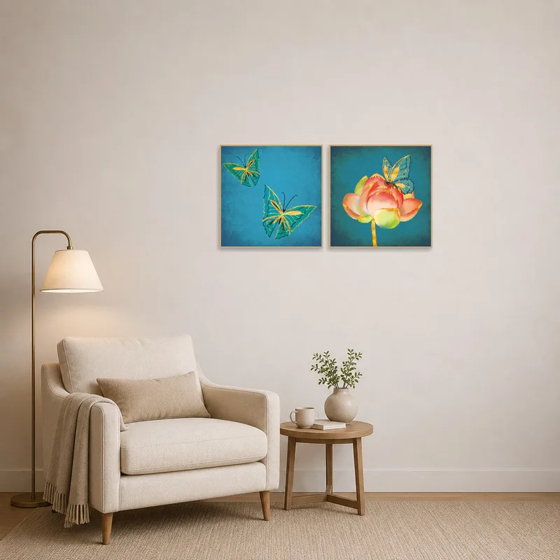 Teal canvas featuring butterfly and blossoms enhances a cozy reading corner ambiance.