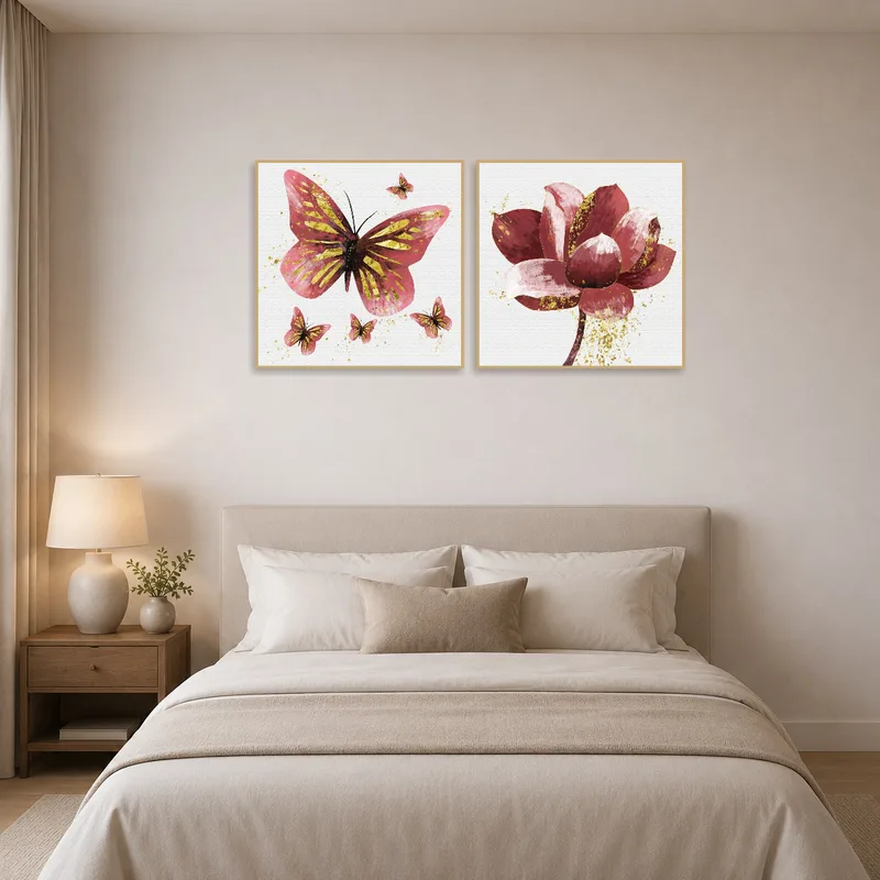 A bedroom showcasing the pink and gold butterfly and floral harmony set.
