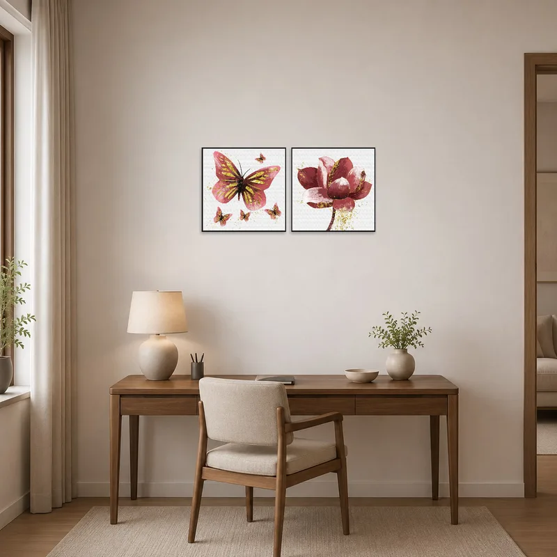 A home office with the butterfly and floral set in pink and gold on display.