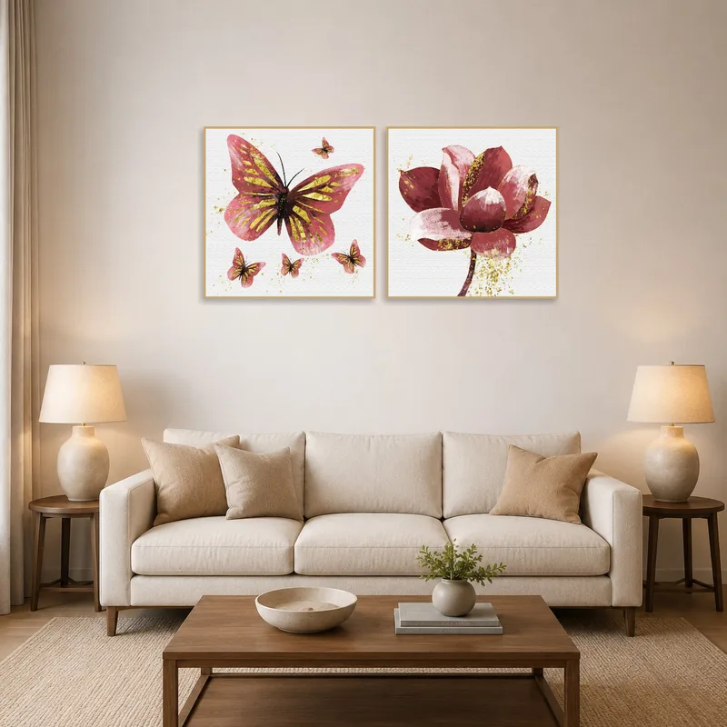 A living room with a pink and gold butterfly and floral harmony set on the wall.
