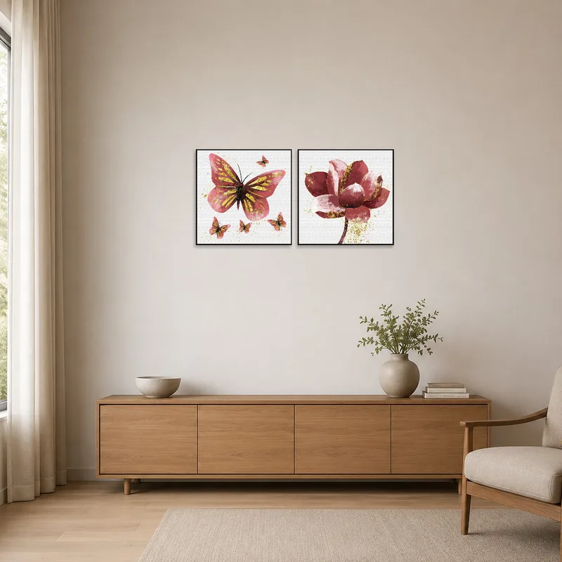 A minimalist room featuring the butterfly and floral artwork set in pink and gold.