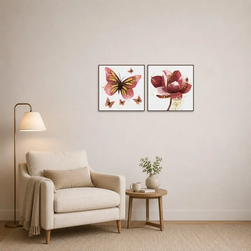 A reading corner adorned with the butterfly and floral harmony set in pink and gold.