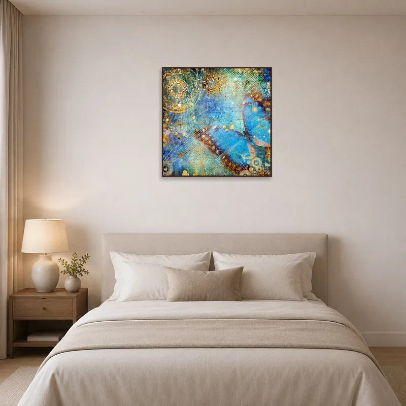 Butterfly Blue Abstract Art Print enhances the calming atmosphere of a serene bedroom.