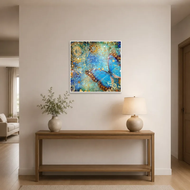 The Butterfly Blue Abstract Art Print creates an inviting focal point in a modern entrance hall.