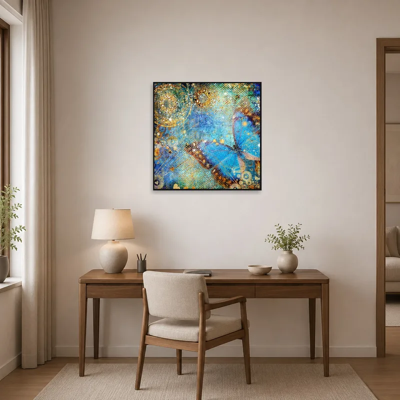 Butterfly Blue Abstract Art Print inspires creativity on the wall of a stylish home office.