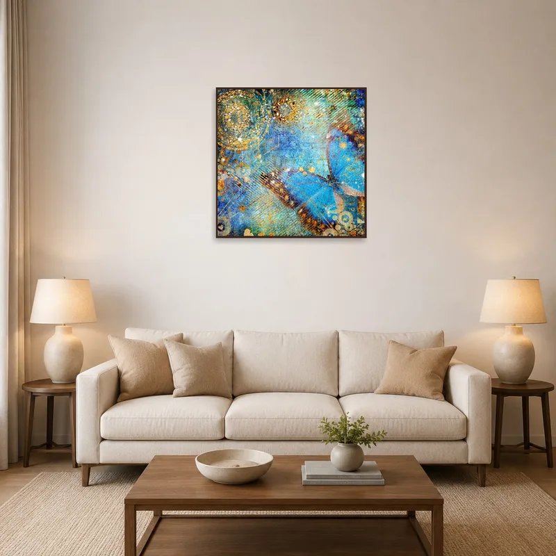 A Butterfly Blue Abstract Art Print adds a splash of color above a contemporary sofa in a living room.