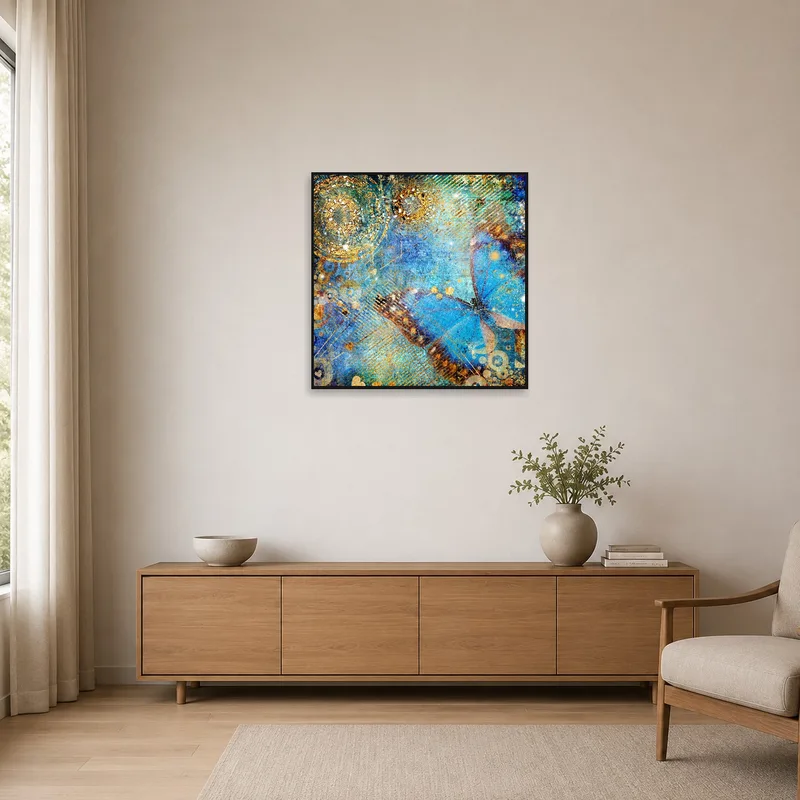 A Butterfly Blue Abstract Art Print contrasts a minimalist room's clean lines and neutral tones.