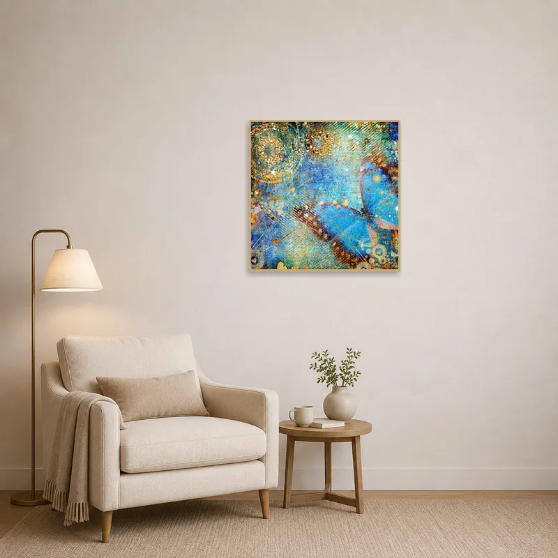 A Butterfly Blue Abstract Art Print offers a soothing visual in a cozy reading corner setting.