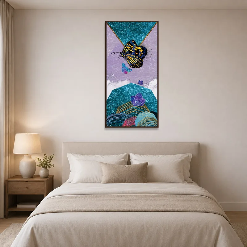 Bedroom adorned with a serene butterfly dreamscape art piece.