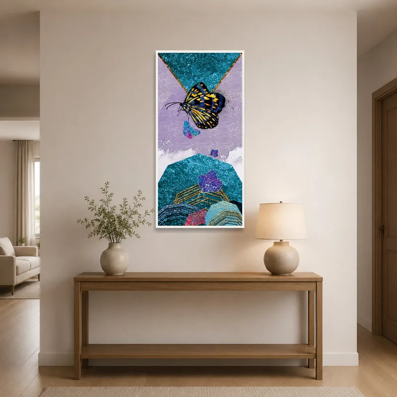 Entrance hall featuring a captivating butterfly dreamscape art print.