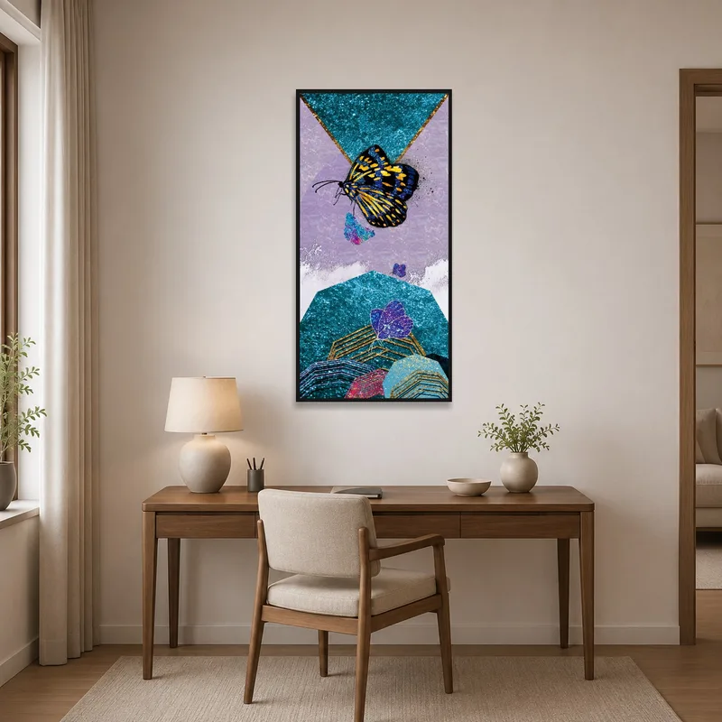 Contemporary home office showcasing a dynamic butterfly abstract print.