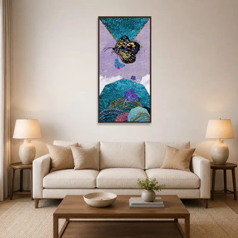 Abstract butterfly art print in a vibrant living room setting.