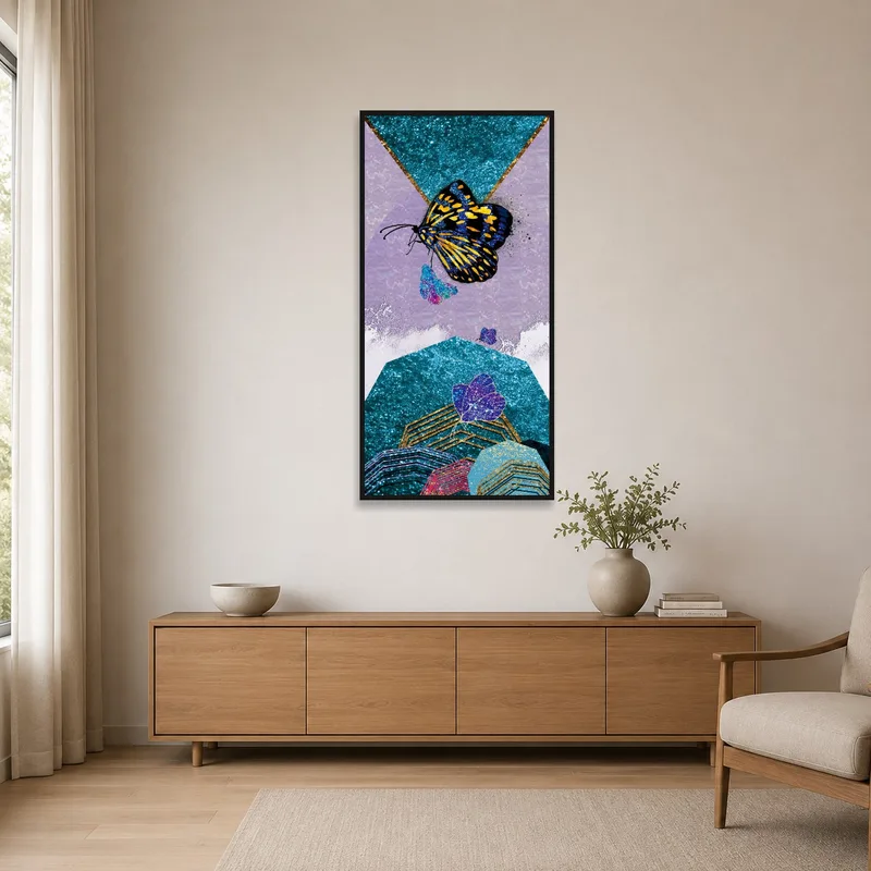 Minimalist room with a striking abstract butterfly art piece.