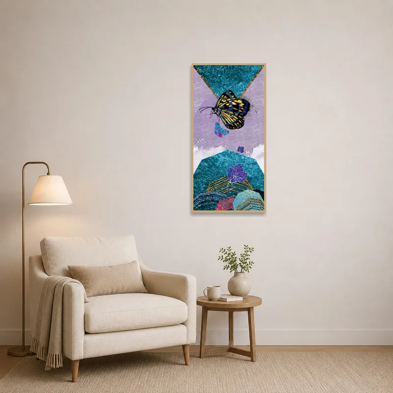 Cozy reading corner displaying a colorful butterfly abstract art print.