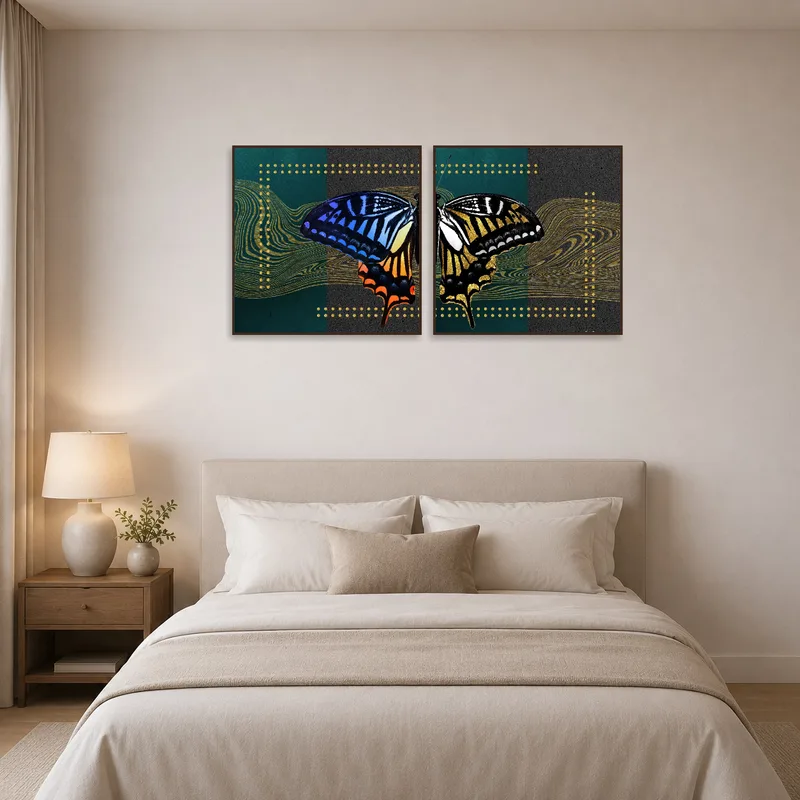 Abstract butterfly square set adds elegance to a serene bedroom above a headboard.