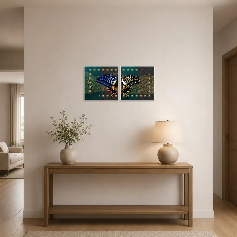 Square butterfly artwork set displayed in an entrance hall near an accent table.