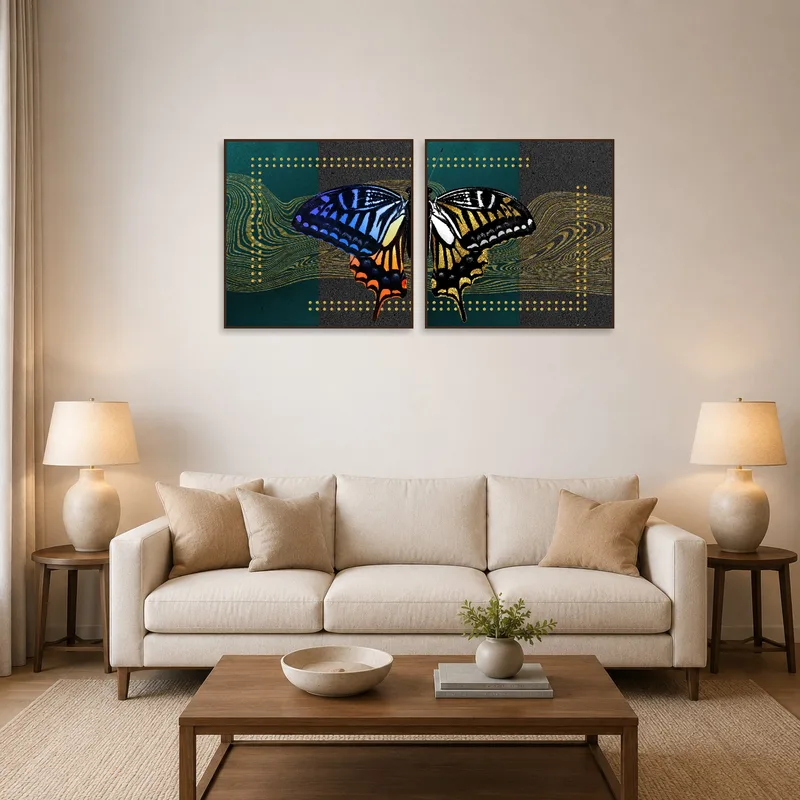 Abstract square art set with butterflies on a living room wall above a modern sofa.