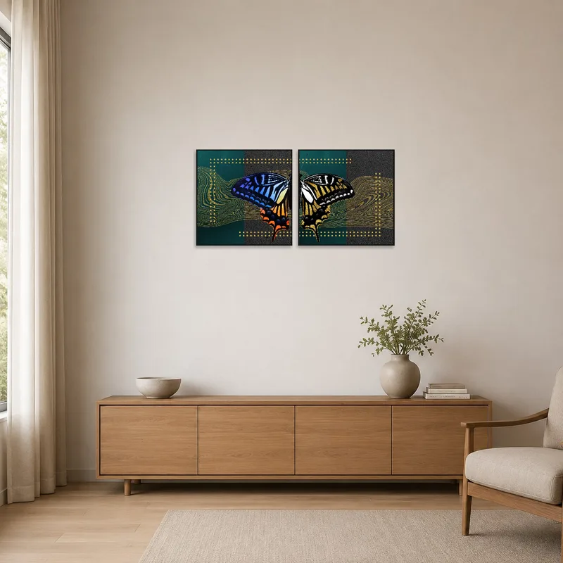 Butterfly abstract square set on a clean, minimalist wall with sleek, simple furniture.