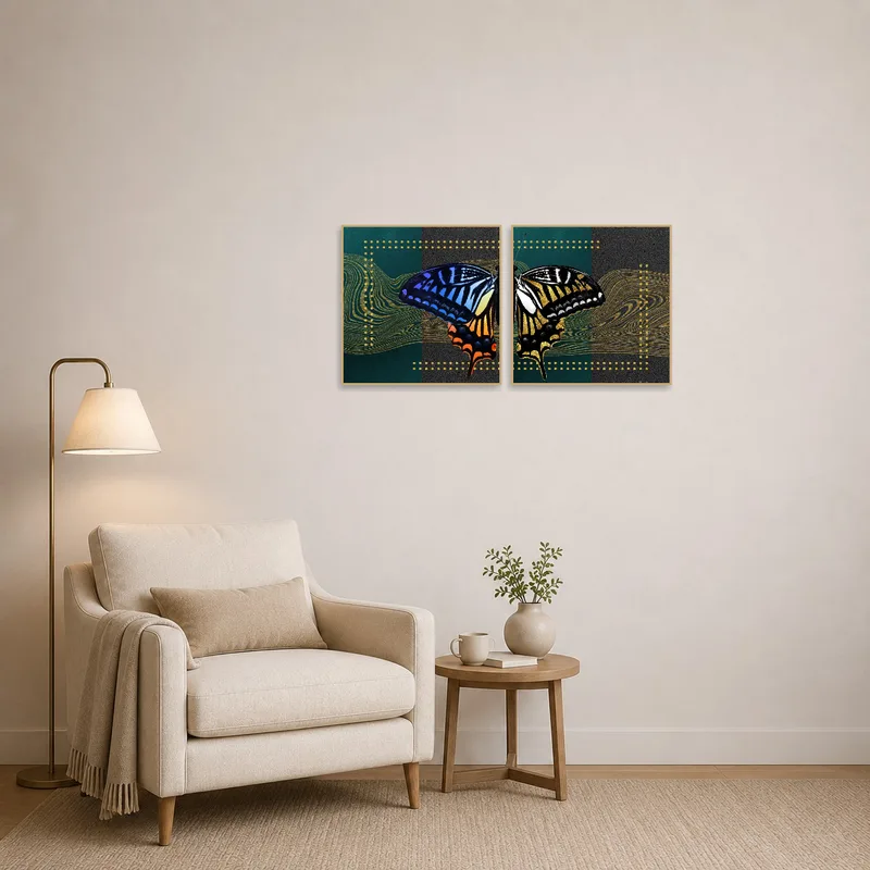 Butterfly harmony art set brightens a cozy reading corner with a comfy chair.