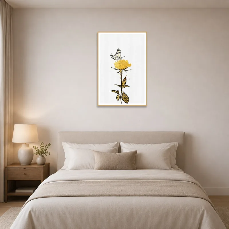 Elegant butterfly and floral print enhances bedroom decor.