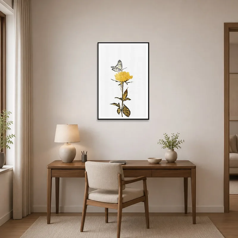 Butterfly print inspires creativity in a home office setting.
