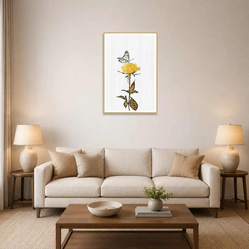 Butterfly print adds elegance to a cozy living room wall.