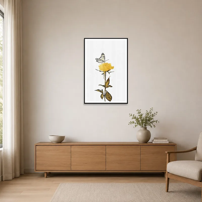 Butterfly art complements minimalist room's clean lines.