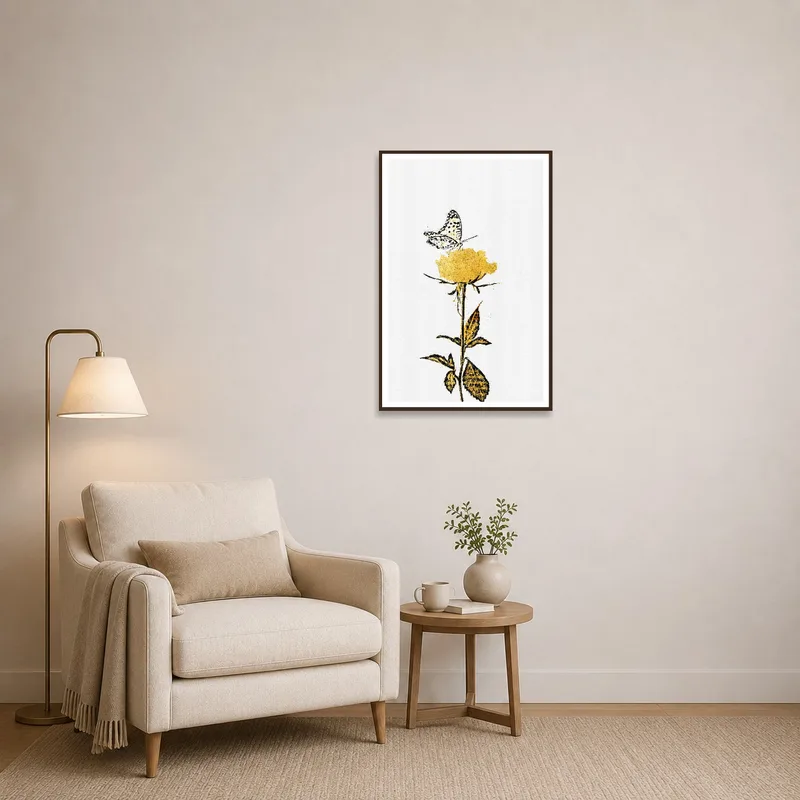 A serene reading corner with butterfly art on display.
