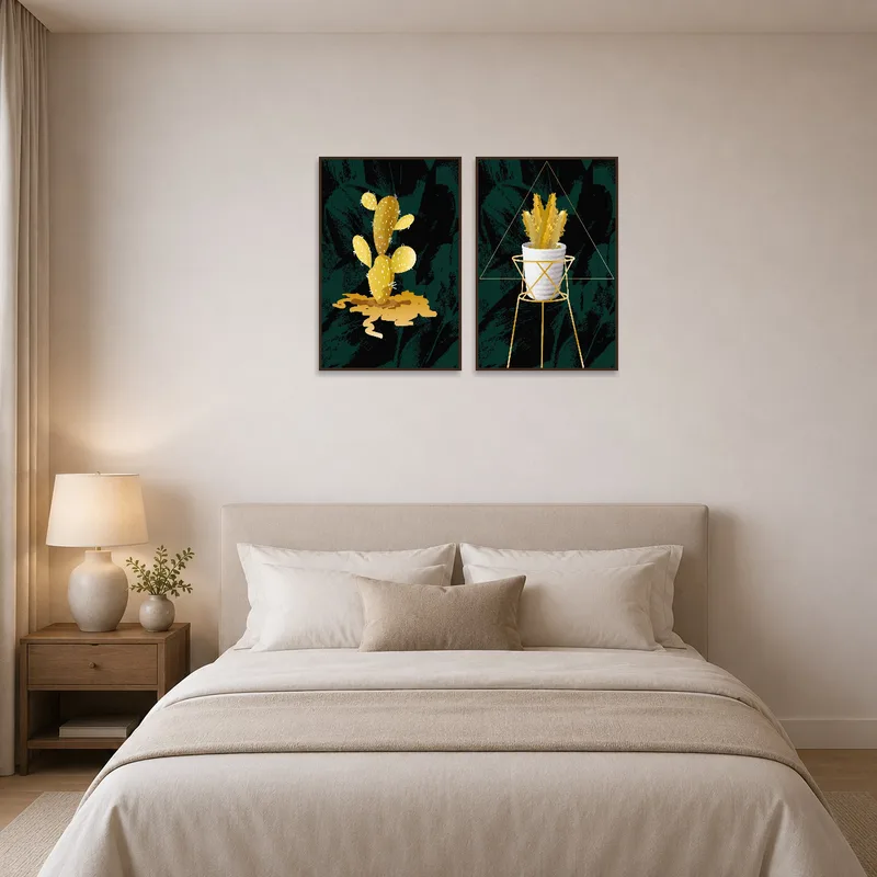 Cactus and succulent art adorning a bedroom wall above a bed with pastel linens.