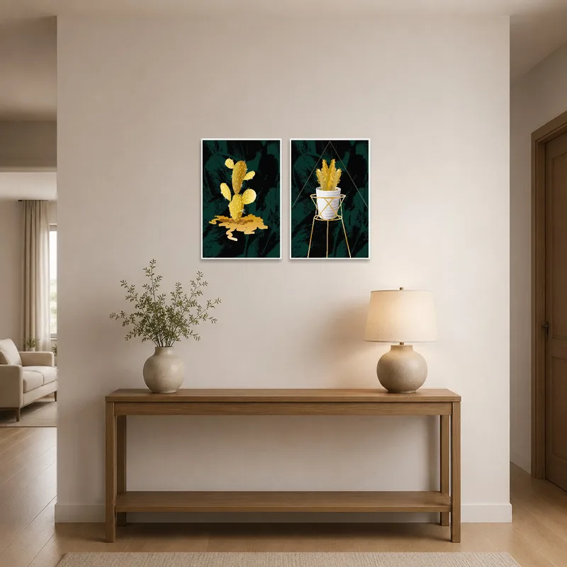 Cactus and succulent art set enhancing the entrance hall with its natural green tones.