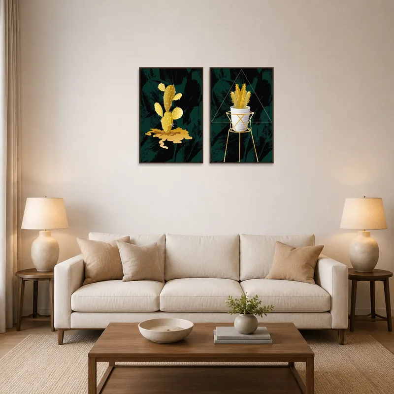 Cactus and succulent art set on a living room wall with a cozy sofa and plants.