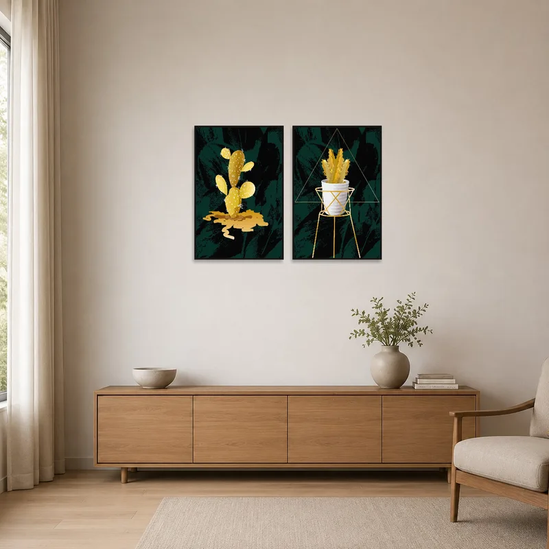 Modern cactus and succulent art in a minimalist room with sleek furniture and neutral colors.