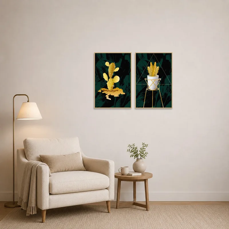 Cactus and succulent art placed in a reading corner, complementing soft chairs and a lamp.
