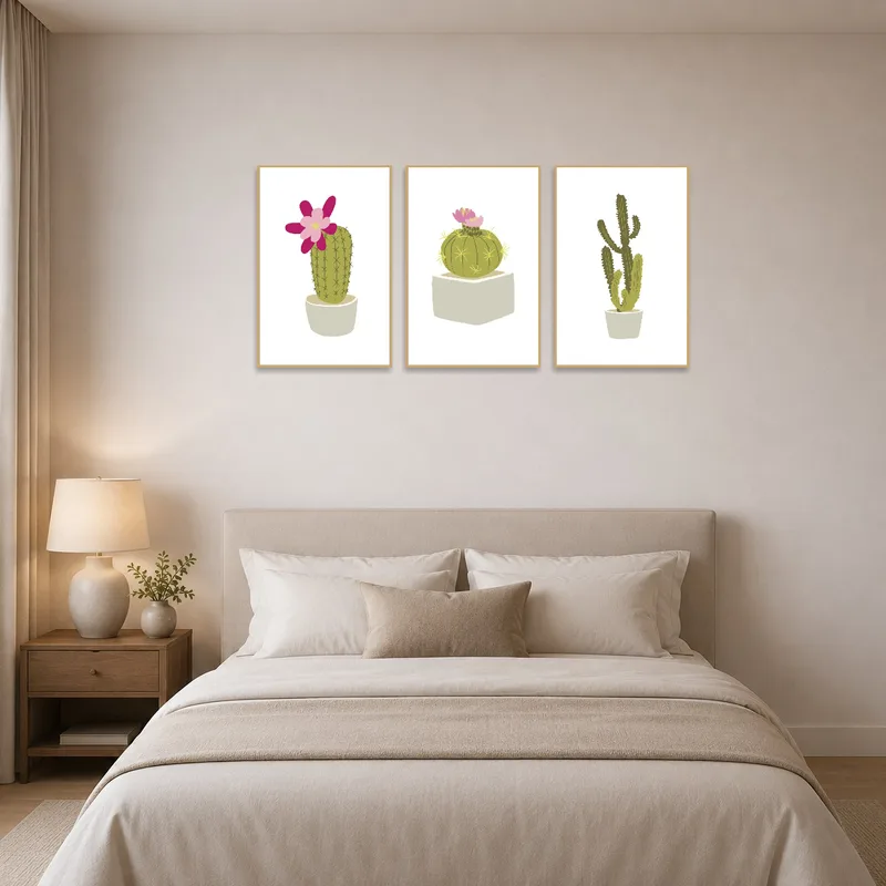 Cactus blooms triptych art set adds a vibrant vibe to the bedroom.