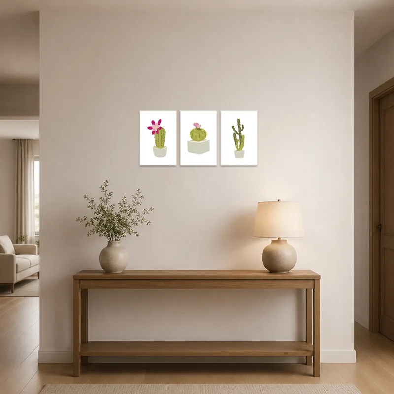 Cactus blooms triptych art welcomes guests in the entrance hall.