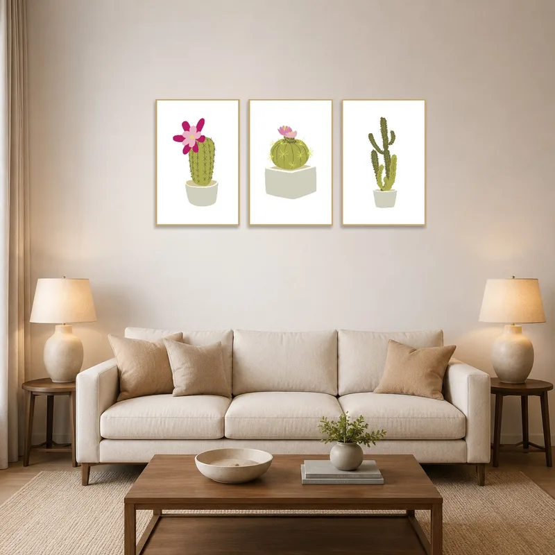 A triptych art set of blooming cacti brightens the living room wall.