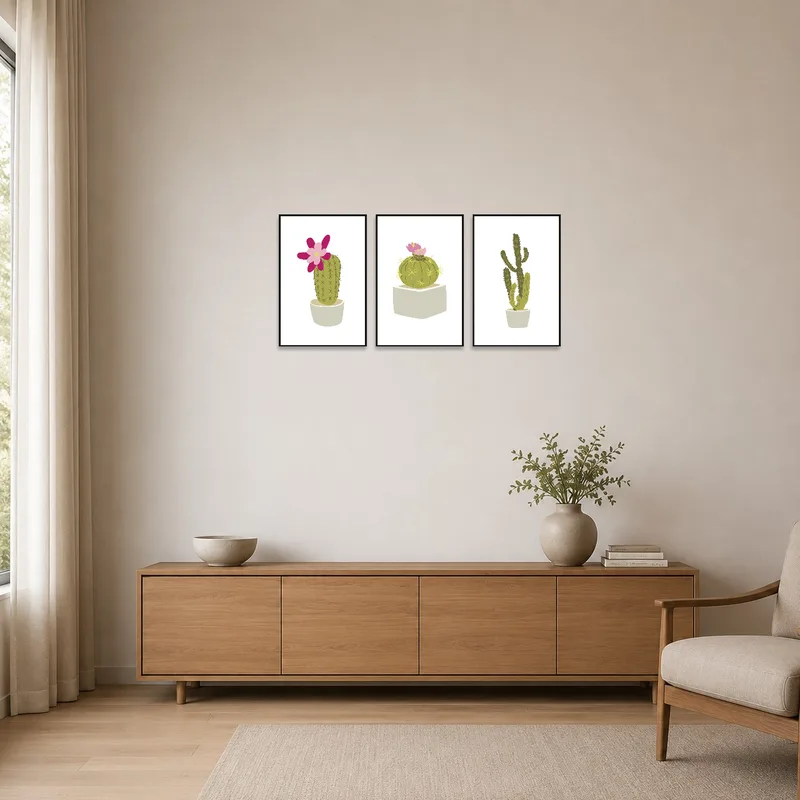 Set of cactus bloom triptych art complements the minimalist decor.