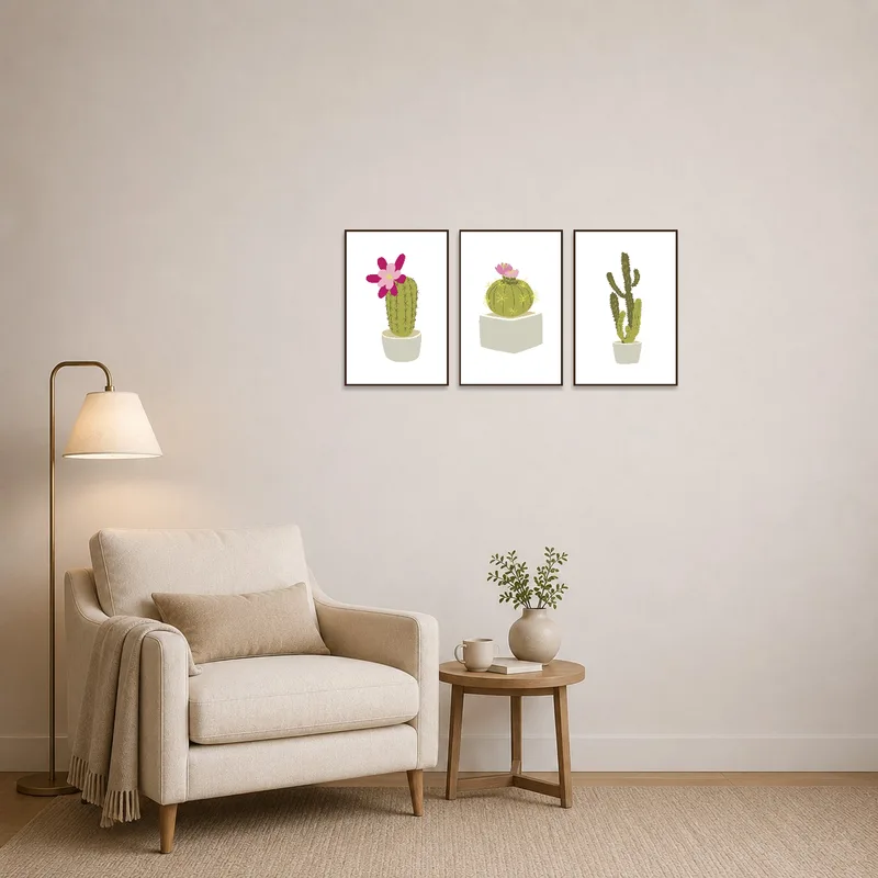 Reading corner with cactus blooms triptych art providing a lively touch.